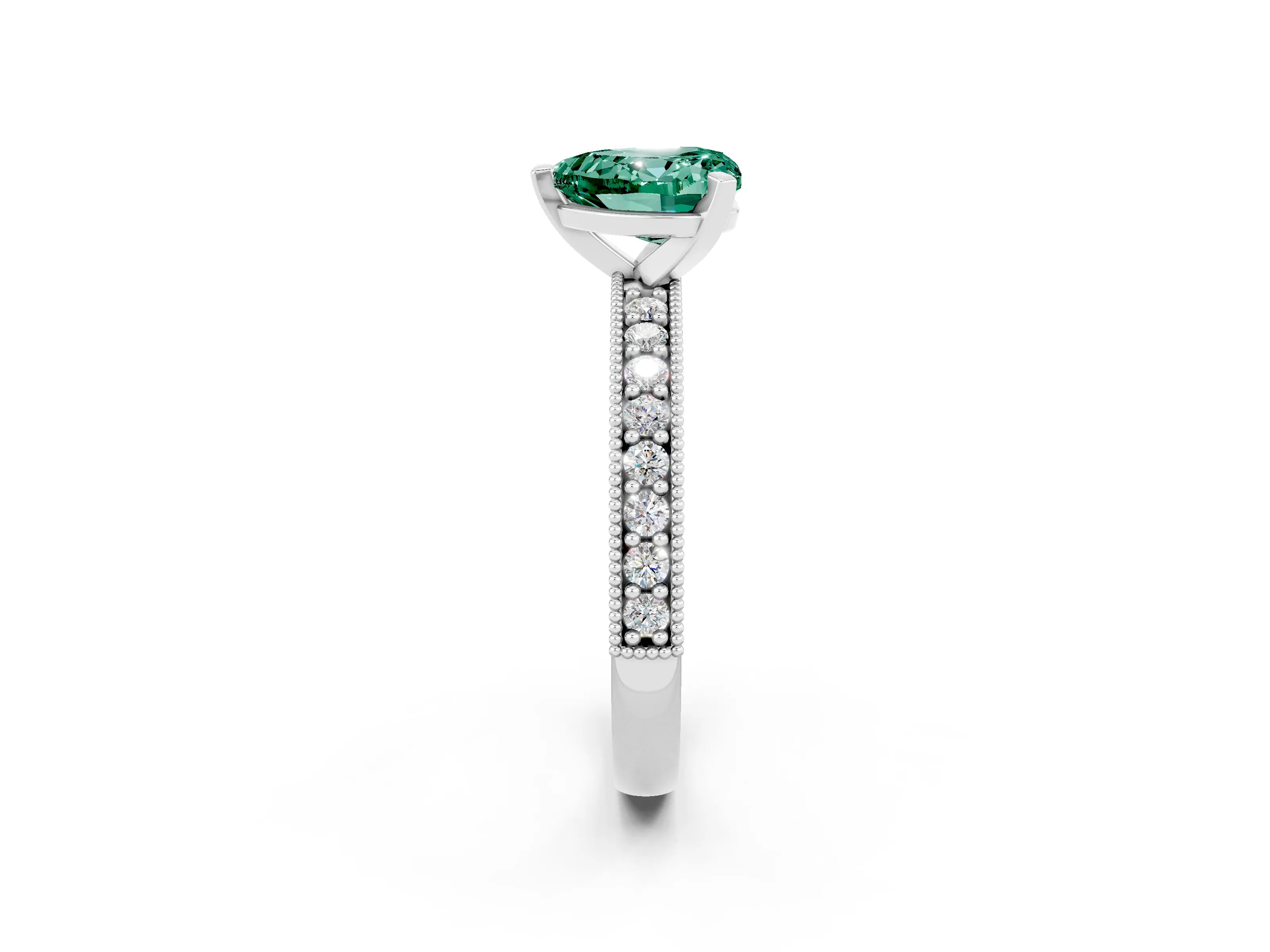 White gold Heart Cut Green Sapphire Milgrain Pavé Engagement Ring with Four-Prong Setting_14