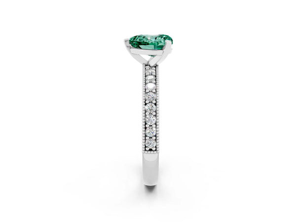 Silver Heart Cut Green Sapphire Milgrain Pavé Engagement Ring with Four-Prong Setting
