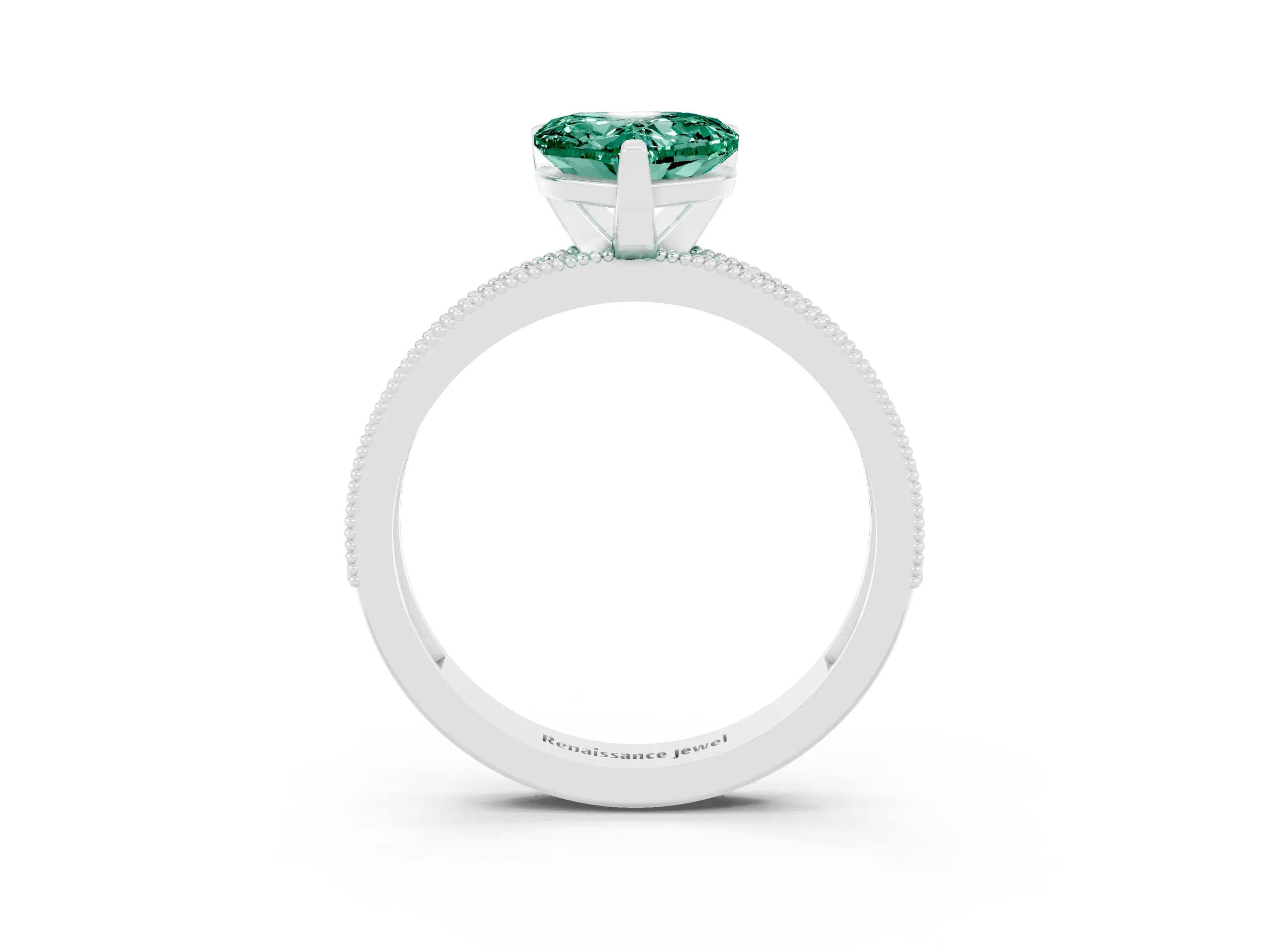 White gold Heart Cut Green Sapphire Milgrain Pavé Engagement Ring with Four-Prong Setting_15