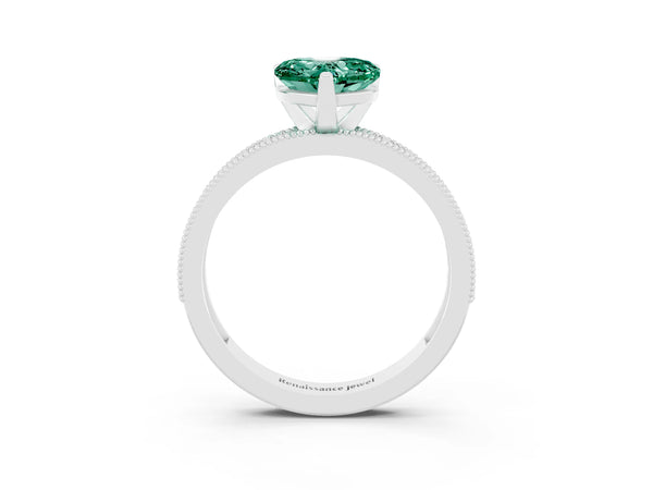 Silver Heart Cut Green Sapphire Milgrain Pavé Engagement Ring with Four-Prong Setting
