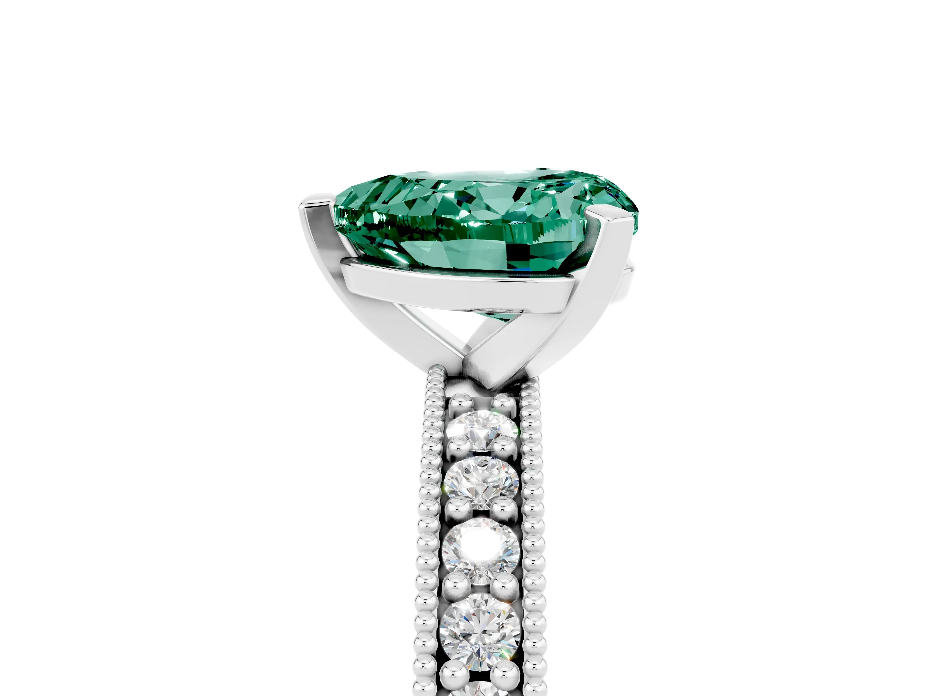 White gold Heart Cut Green Sapphire Milgrain Pavé Engagement Ring with Four-Prong Setting_17