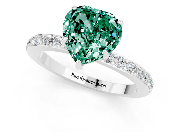 Silver Heart Cut Green Sapphire Pavé Engagement Ring with Round  Accents and Prong Setting