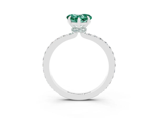 Silver Heart Cut Green Sapphire Pavé Engagement Ring with Round  Accents and Prong Setting