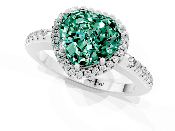 Silver Heart Cut Green Sapphire Pavé Halo Ring with Four-Prong Setting