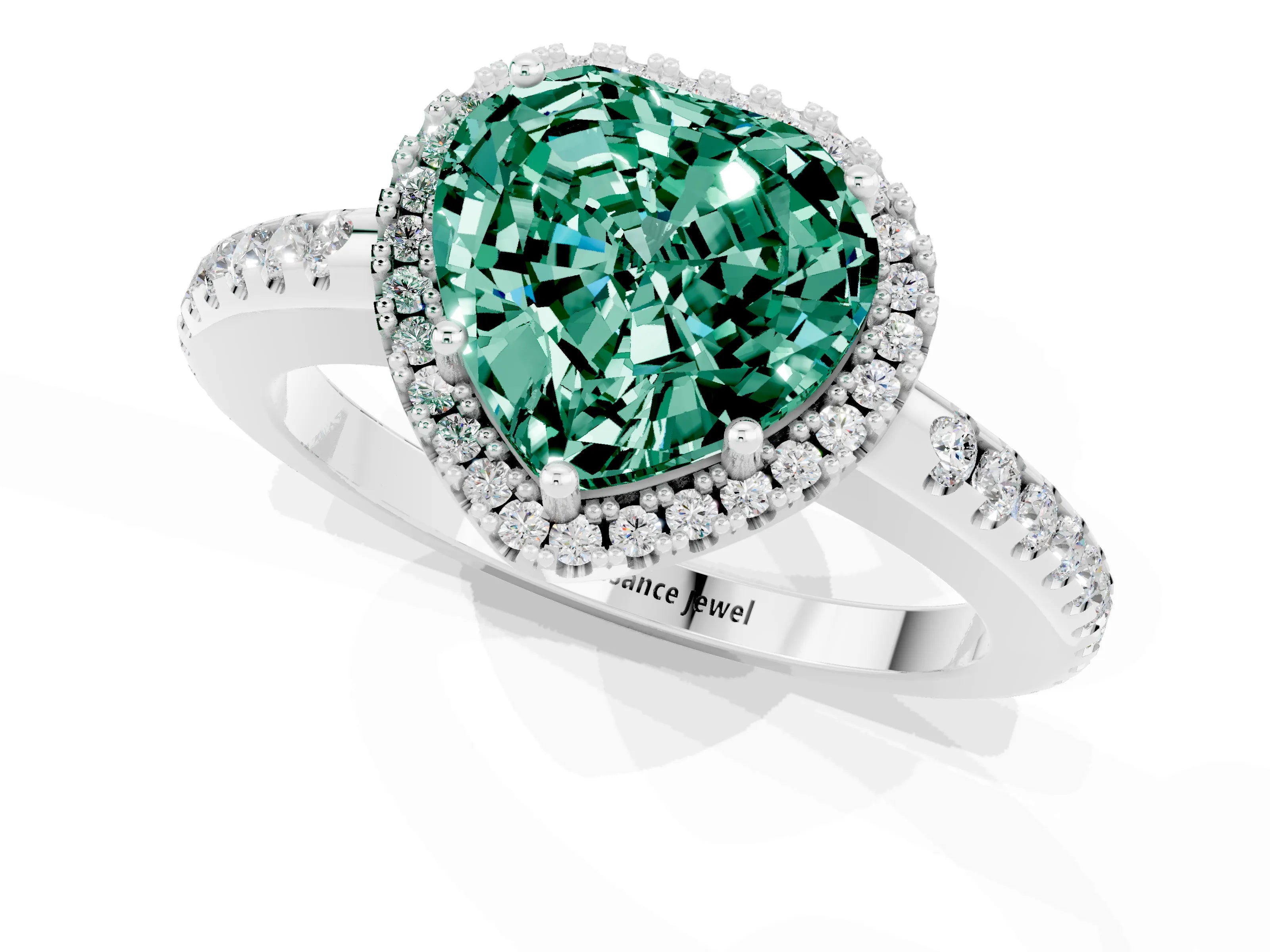 White gold Heart Cut Green Sapphire Pavé Halo Ring with Four-Prong Setting_13