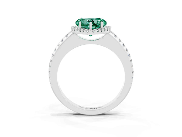 Platinum Heart Cut Green Sapphire Pavé Halo Ring with Four-Prong Setting