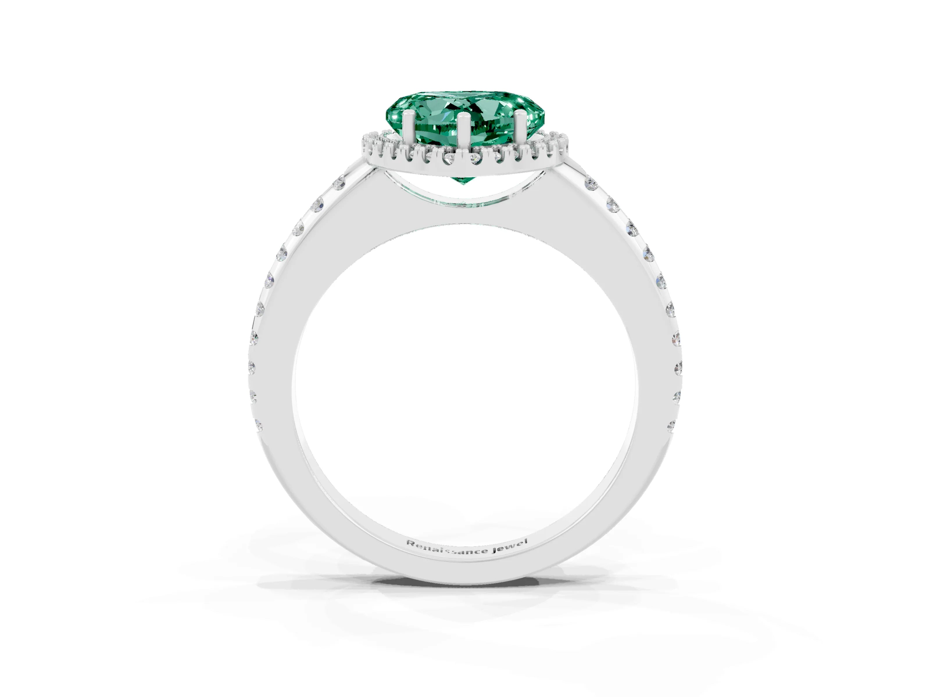 White gold Heart Cut Green Sapphire Pavé Halo Ring with Four-Prong Setting_15