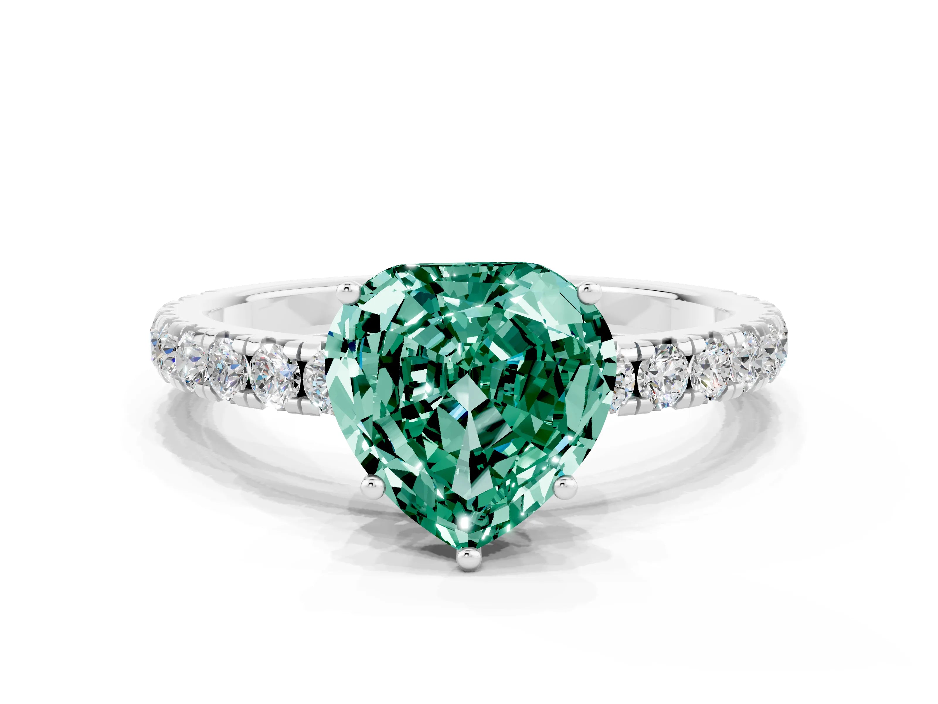 White gold Heart Cut Green Sapphire Pavé Solitaire Engagement Ring with Four-Prong Setting_12