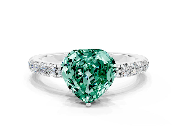 Platinum Heart Cut Green Sapphire Pavé Solitaire Engagement Ring with Four-Prong Setting