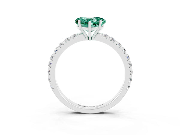 Platinum Heart Cut Green Sapphire Pavé Solitaire Engagement Ring with Four-Prong Setting