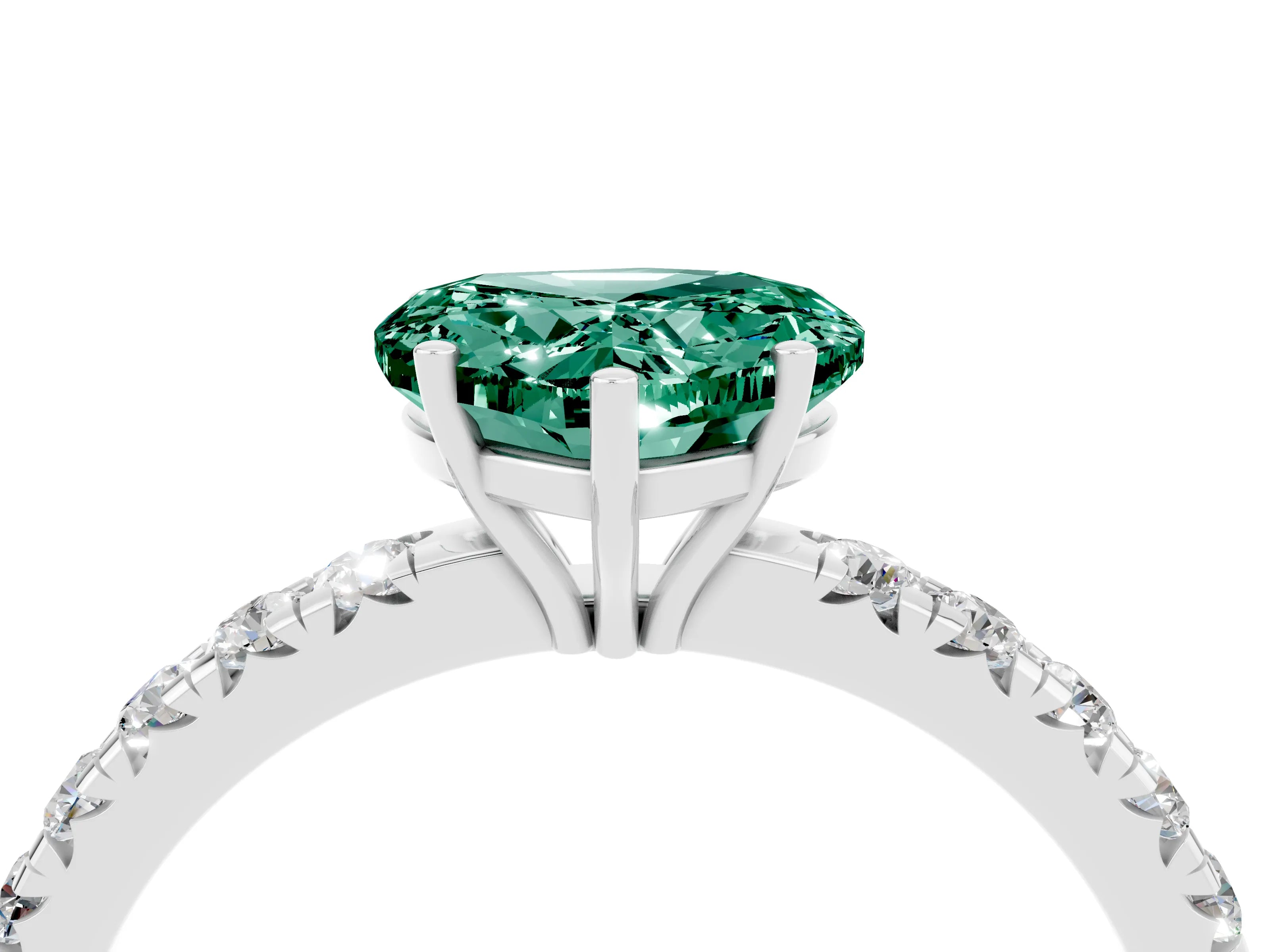 White gold Heart Cut Green Sapphire Pavé Solitaire Engagement Ring with Four-Prong Setting_16