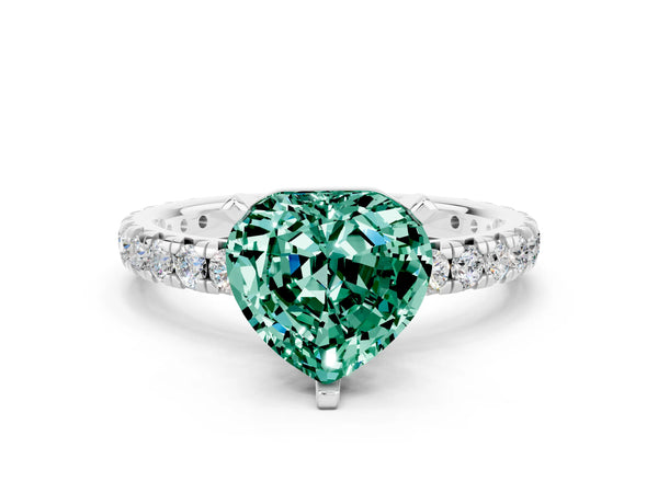 Platinum Heart Cut Green Sapphire Pavé Solitaire Ring with Round Band and Prong Setting