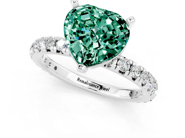Platinum Heart Cut Green Sapphire Pavé Solitaire Ring with Round Band and Prong Setting