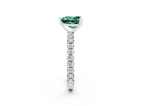 Platinum Heart Cut Green Sapphire Pavé Solitaire Ring with Round Band and Prong Setting