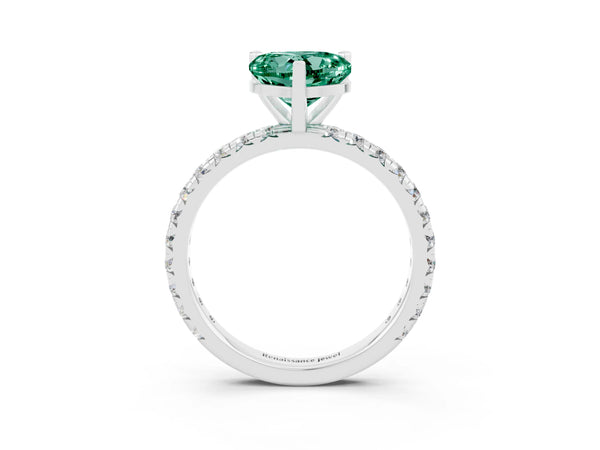 Silver Heart Cut Green Sapphire Pavé Solitaire Ring with Round Band and Prong Setting