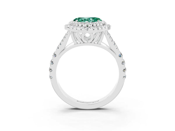 Silver Heart Cut Green Sapphire Pavé Split Shank Double Halo Engagement Ring