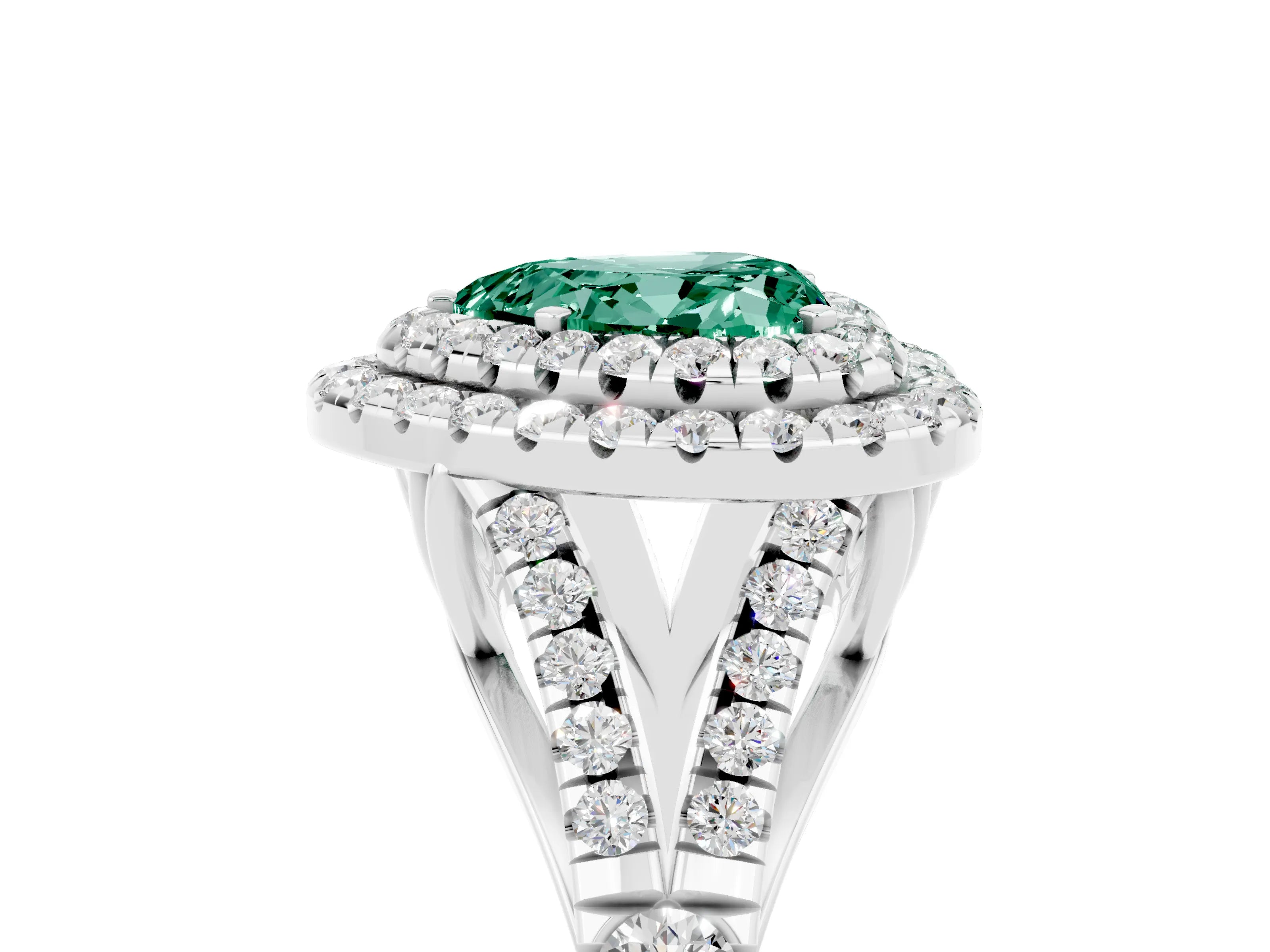 White gold Heart Cut Green Sapphire Pavé Split Shank Double Halo Engagement Ring_5