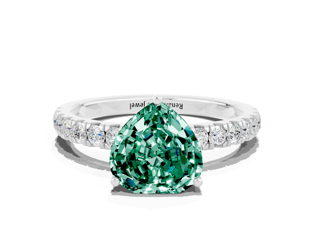 White gold Heart Cut Green Sapphire Pave Band Solitaire Ring with Four-Prong Setting_24