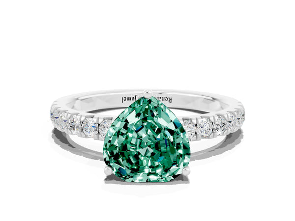 Platinum Heart Cut Green Sapphire Pave Band Solitaire Ring with Round  and Prong Setting