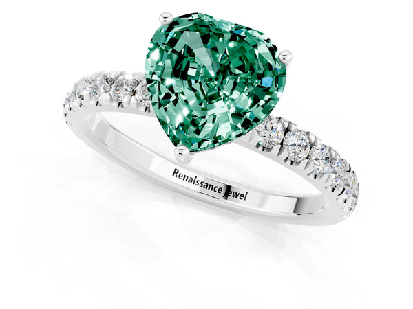 Silver Heart Cut Green Sapphire Pave Band Solitaire Ring with Round  and Prong Setting