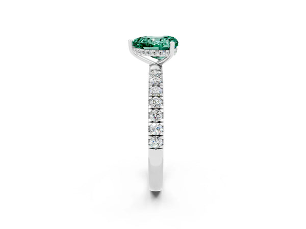 Platinum Heart Cut Green Sapphire Pave Band Solitaire Ring with Round  and Prong Setting