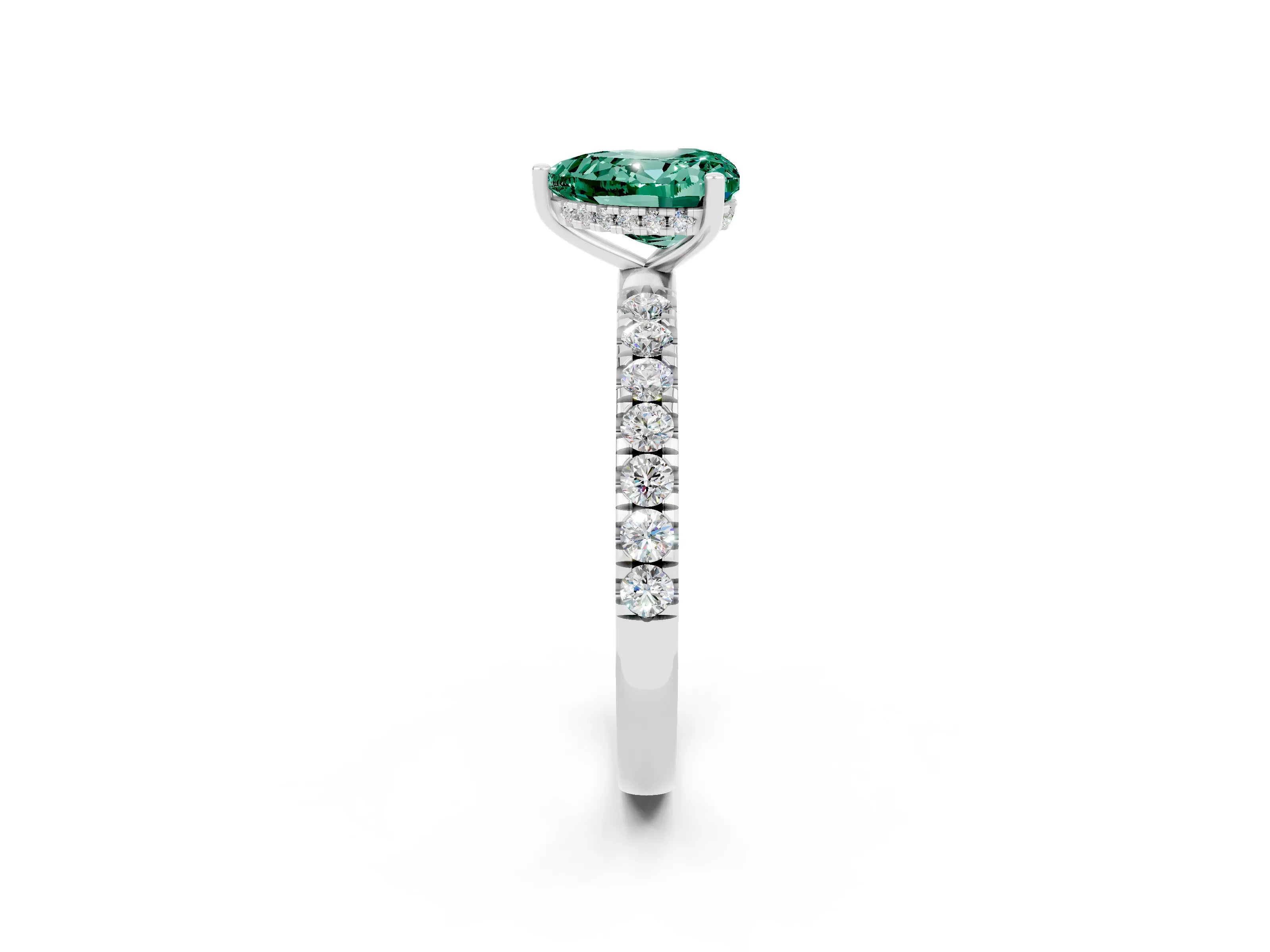White gold Heart Cut Green Sapphire Pave Band Solitaire Ring with Four-Prong Setting_26
