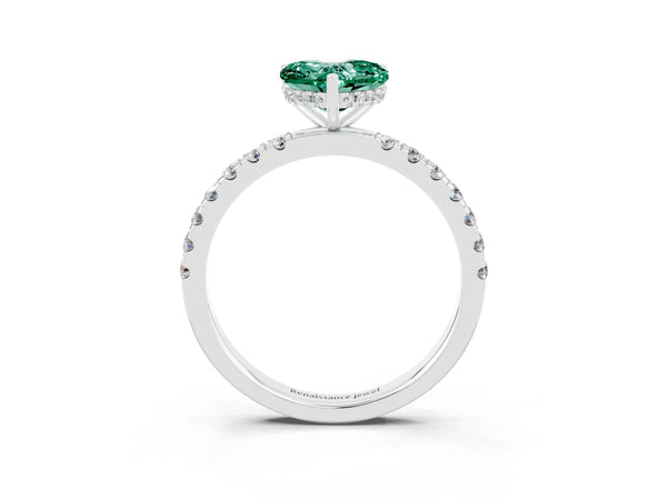 Platinum Heart Cut Green Sapphire Pave Band Solitaire Ring with Round  and Prong Setting