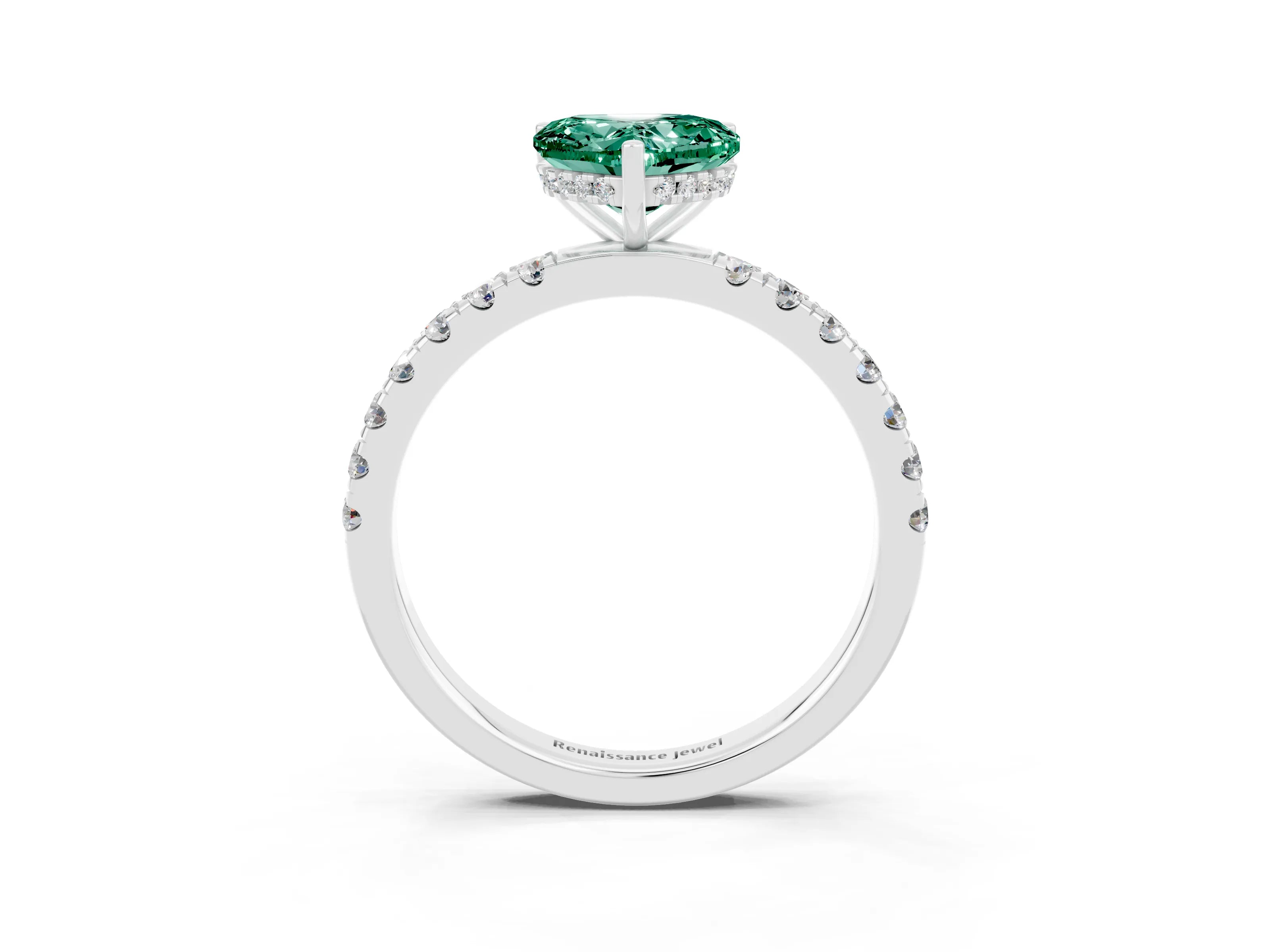 White gold Heart Cut Green Sapphire Pave Band Solitaire Ring with Four-Prong Setting_27