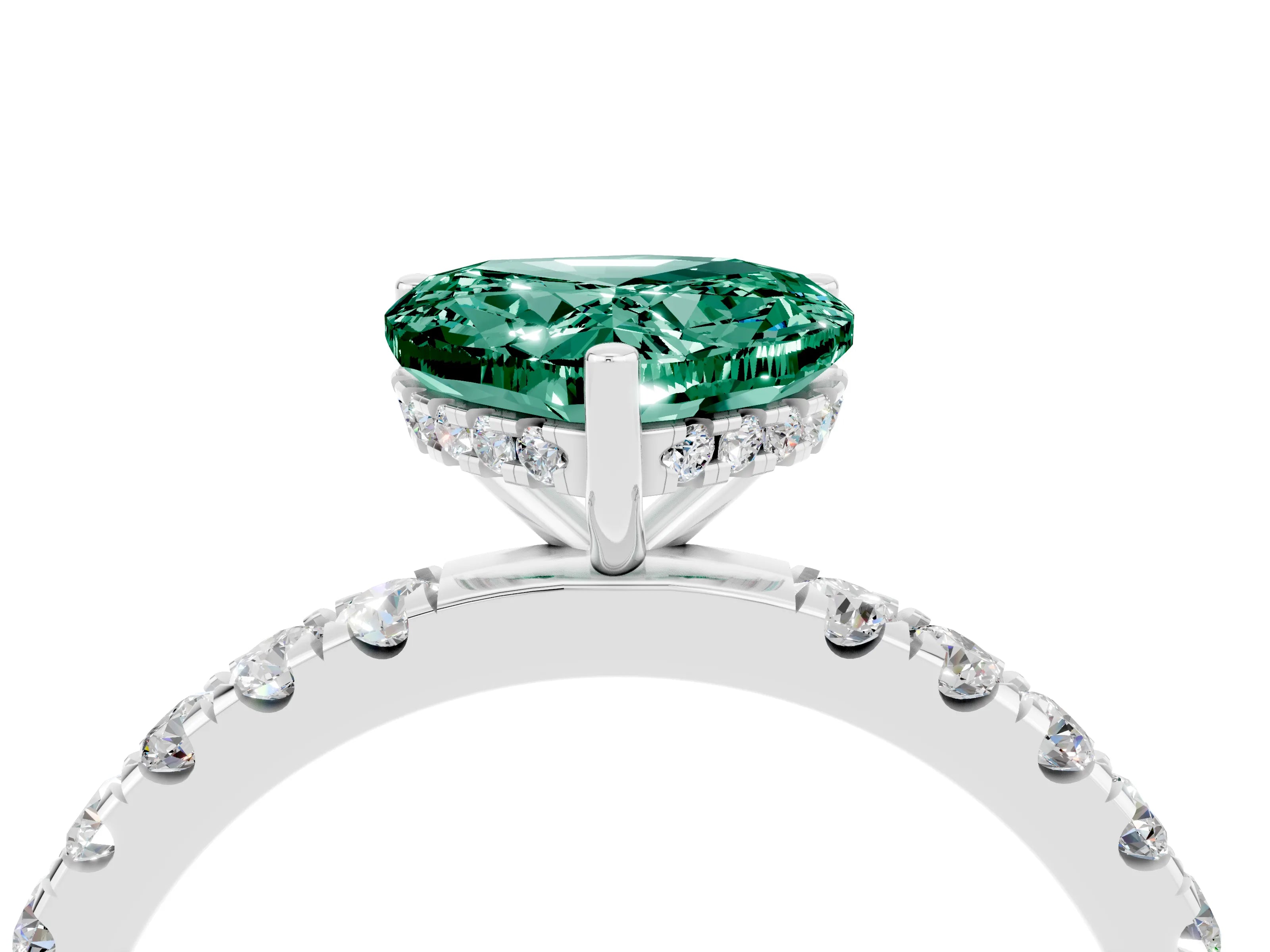 White gold Heart Cut Green Sapphire Pave Band Solitaire Ring with Four-Prong Setting_28