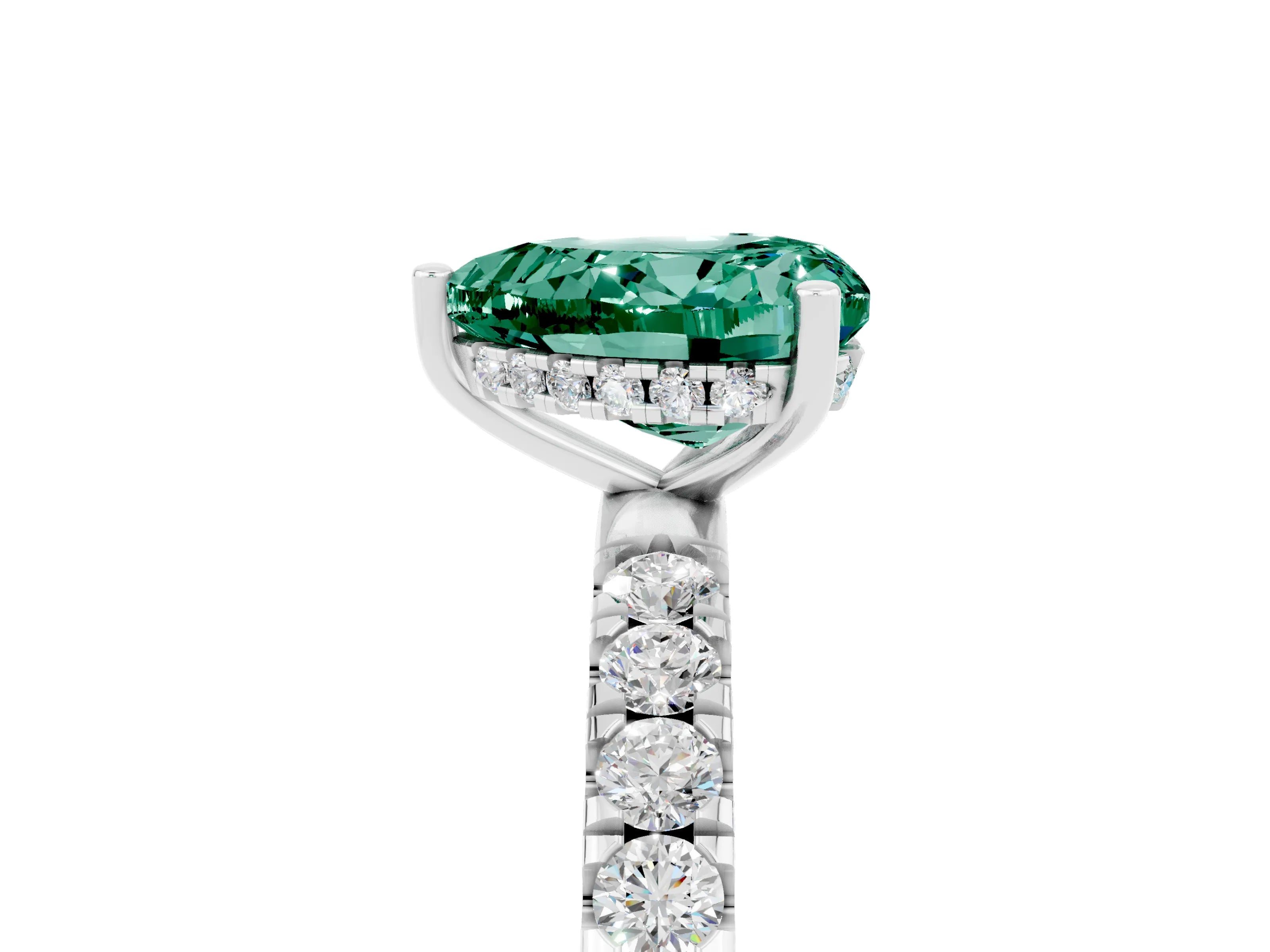 White gold Heart Cut Green Sapphire Pave Band Solitaire Ring with Four-Prong Setting_29