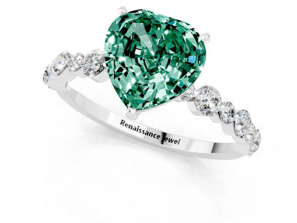 Platinum Heart Cut Green Sapphire Prong Set Engagement Ring with Pavé Band