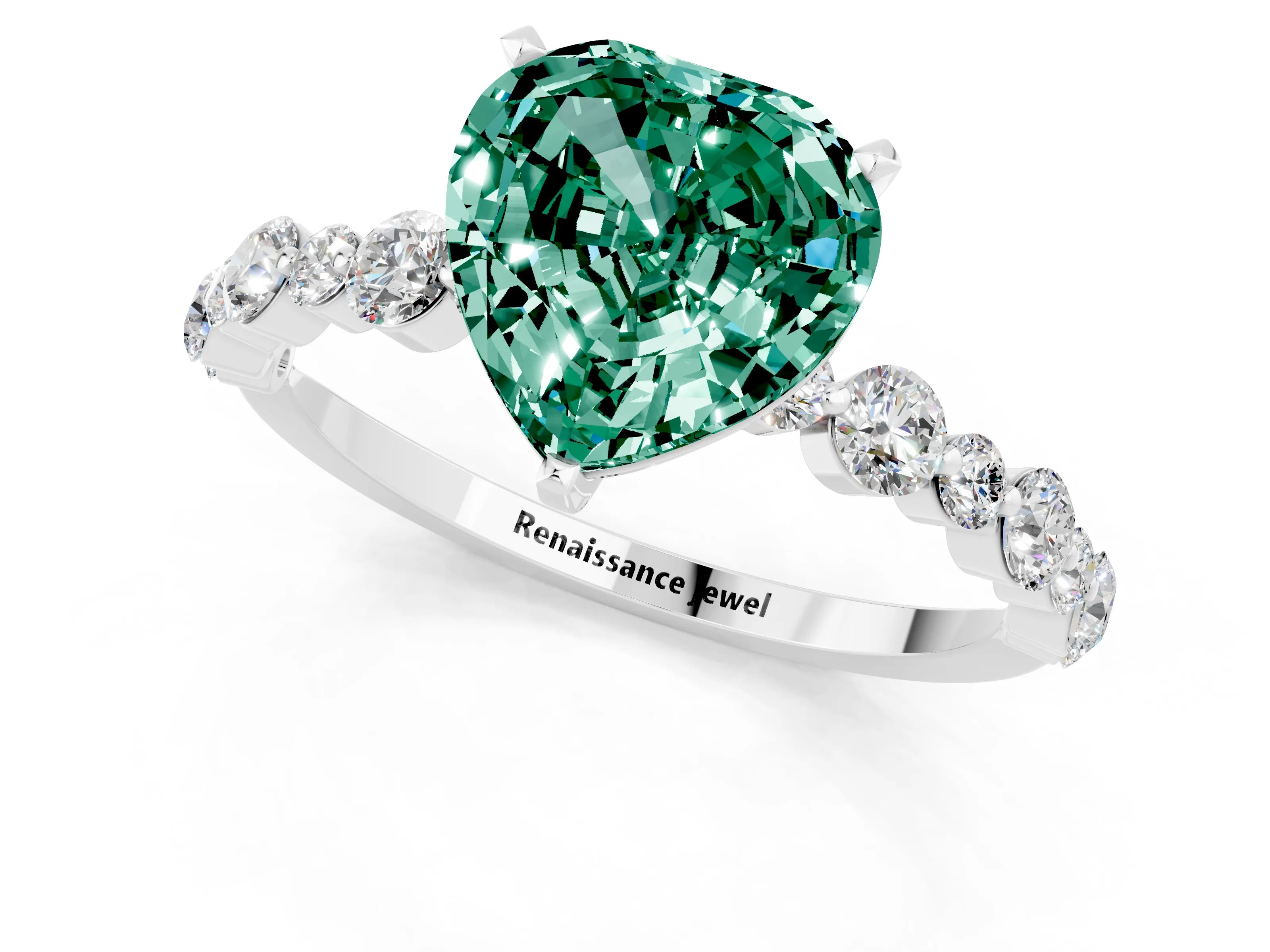 White gold Heart Cut Green Sapphire Prong Set Engagement Ring with Pavé Band_1