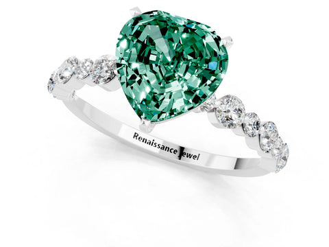 White gold Heart Cut Green Sapphire Prong Set Engagement Ring with Pavé Band_1