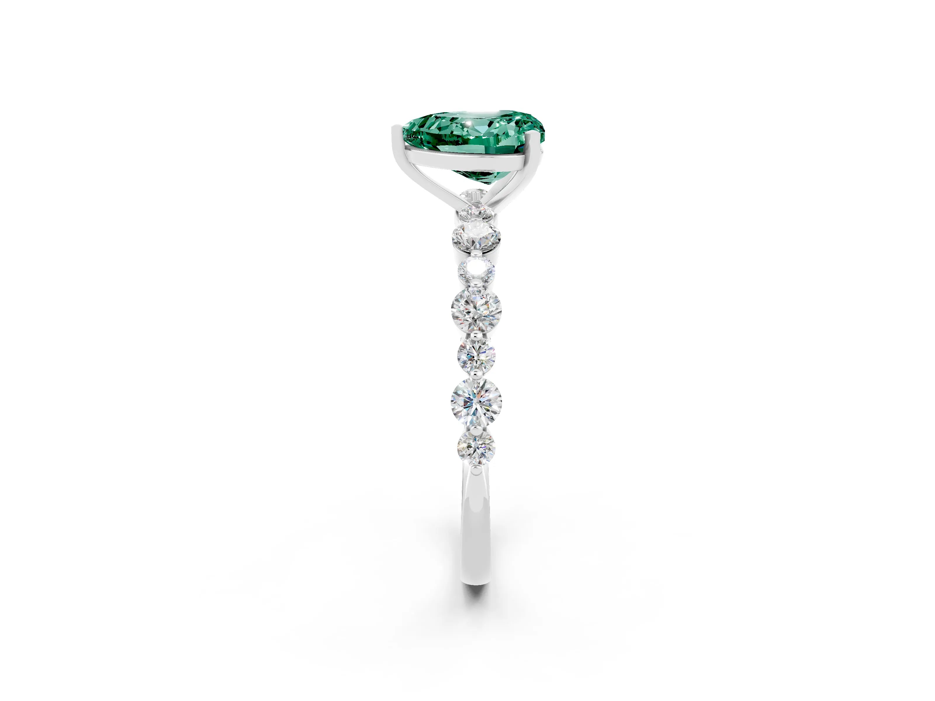White gold Heart Cut Green Sapphire Prong Set Engagement Ring with Pavé Band_2