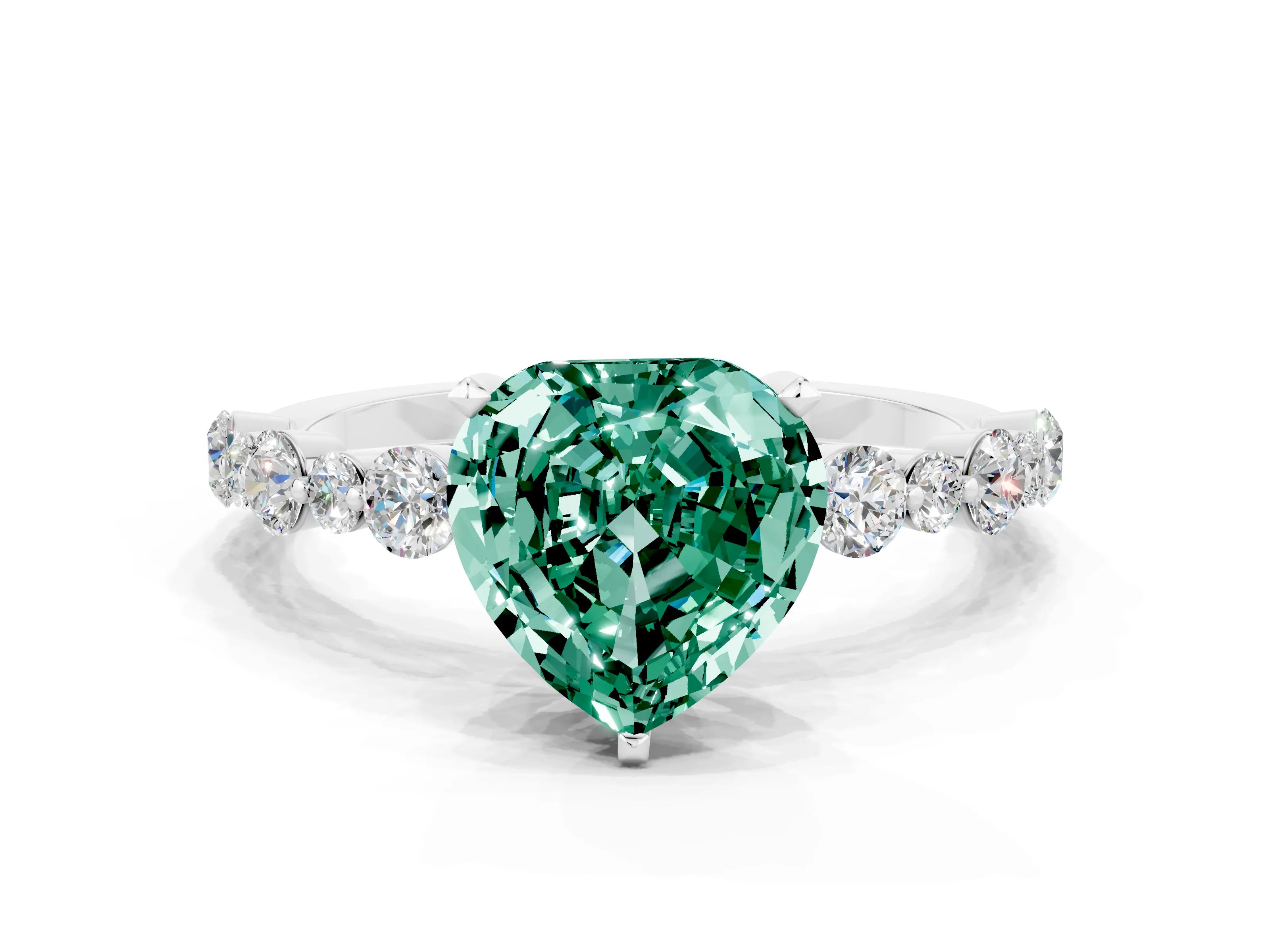 White gold Heart Cut Green Sapphire Prong Set Engagement Ring with Pavé Band
