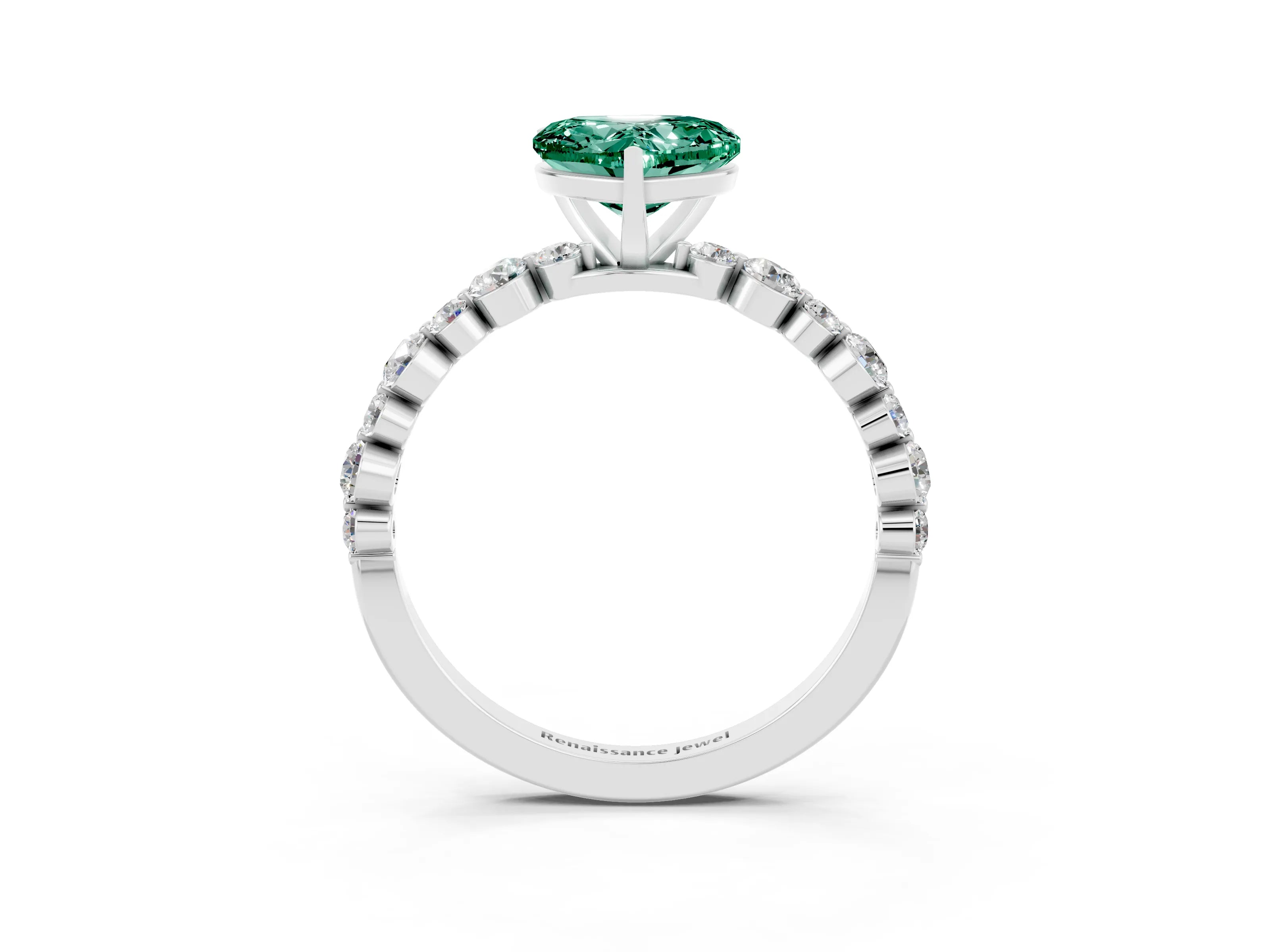 White gold Heart Cut Green Sapphire Prong Set Engagement Ring with Pavé Band_3