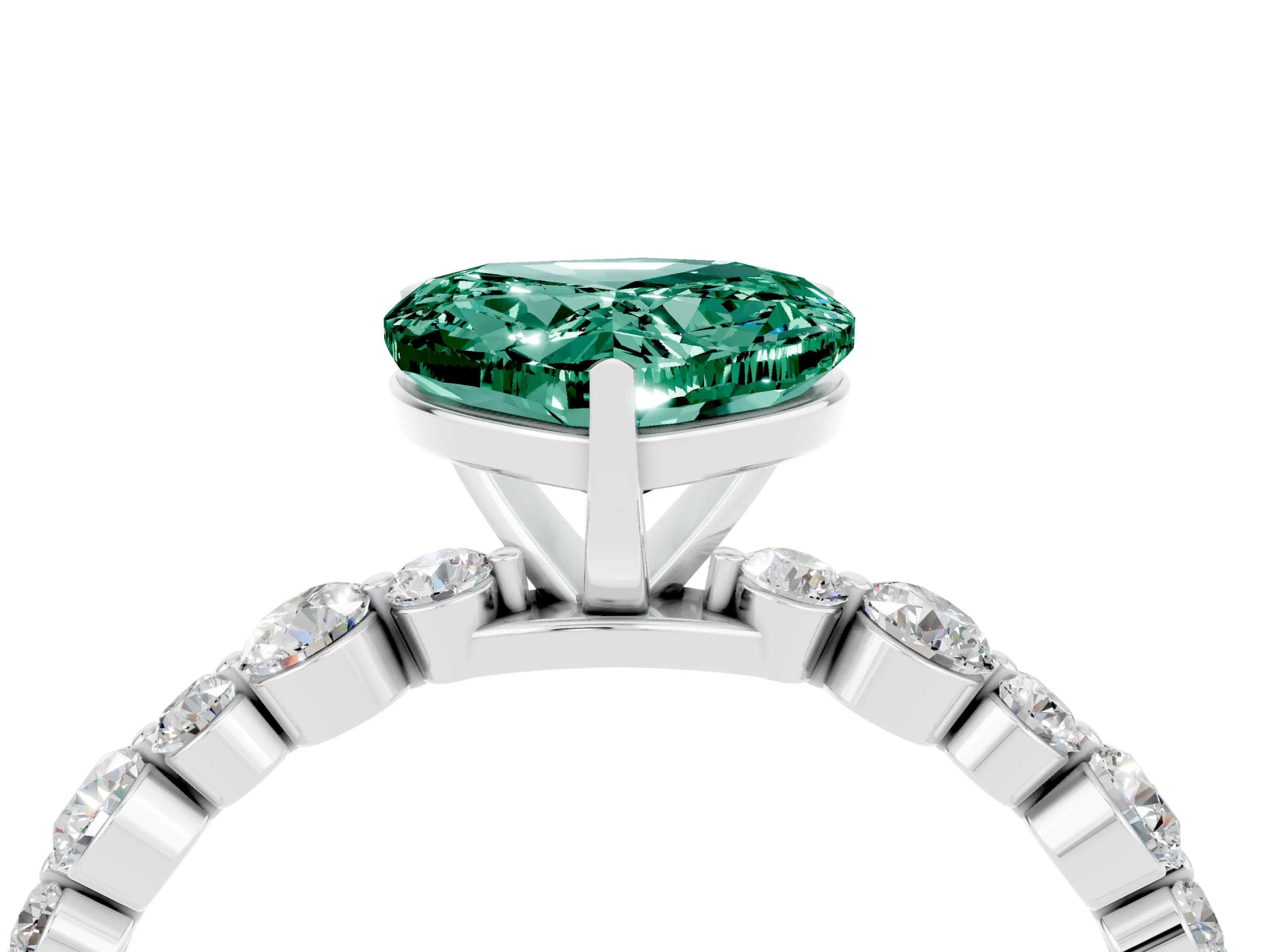 White gold Heart Cut Green Sapphire Prong Set Engagement Ring with Pavé Band_4