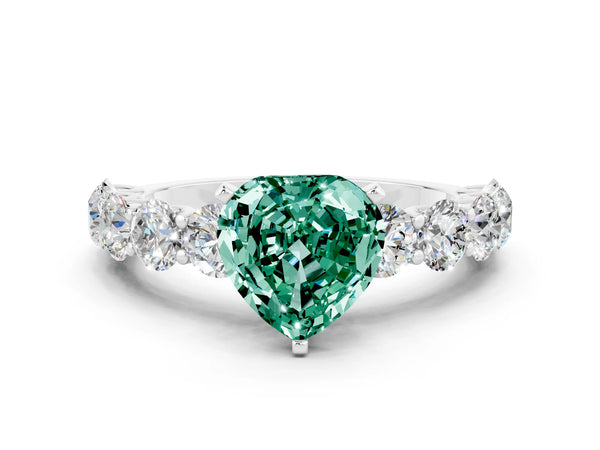 Platinum Heart Cut Green Sapphire Prong Setting with Side Stones on a Pave Band