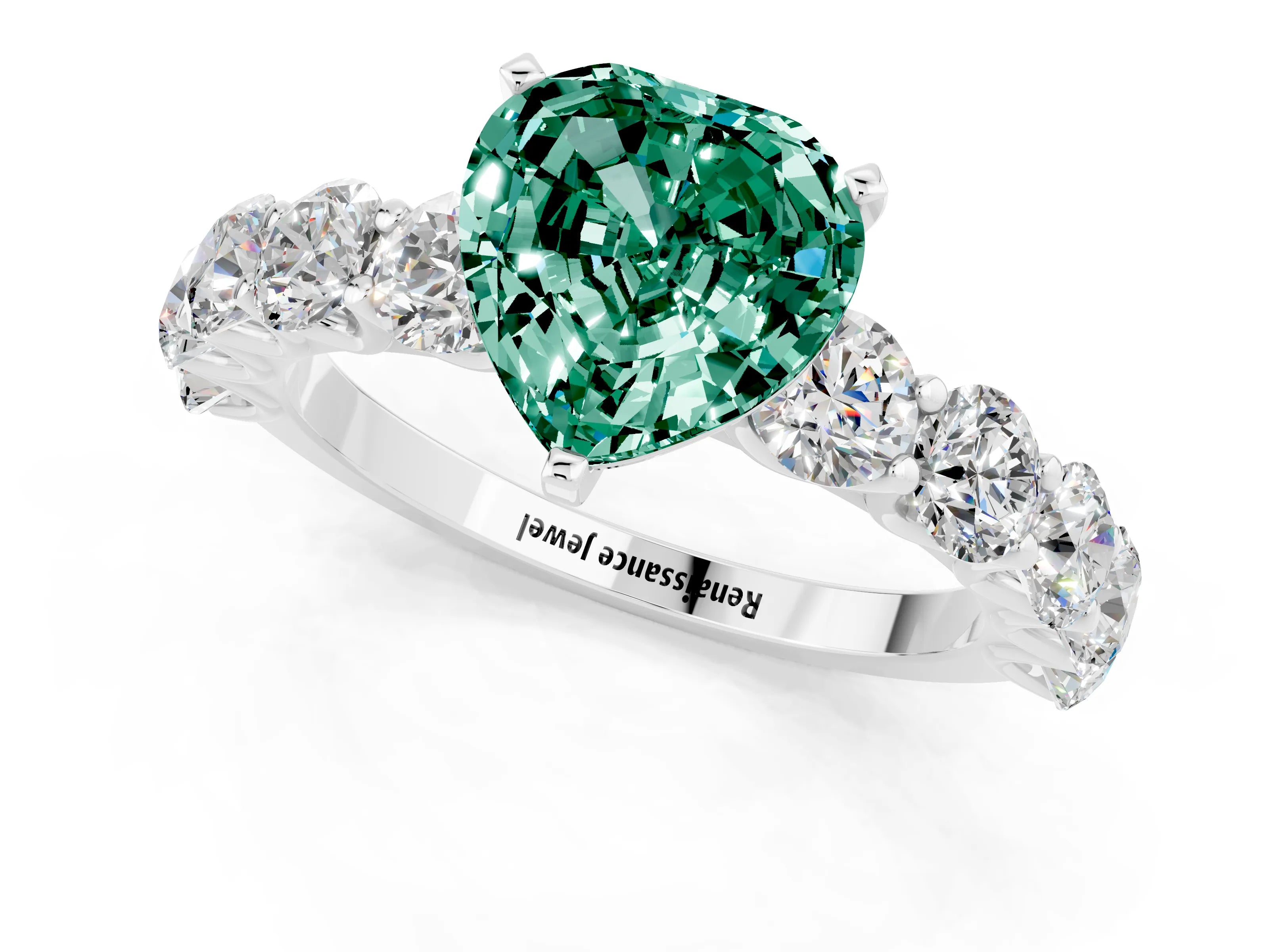 White gold Heart Cut Green Sapphire Prong Setting with Side Stones on a Pave Band_1
