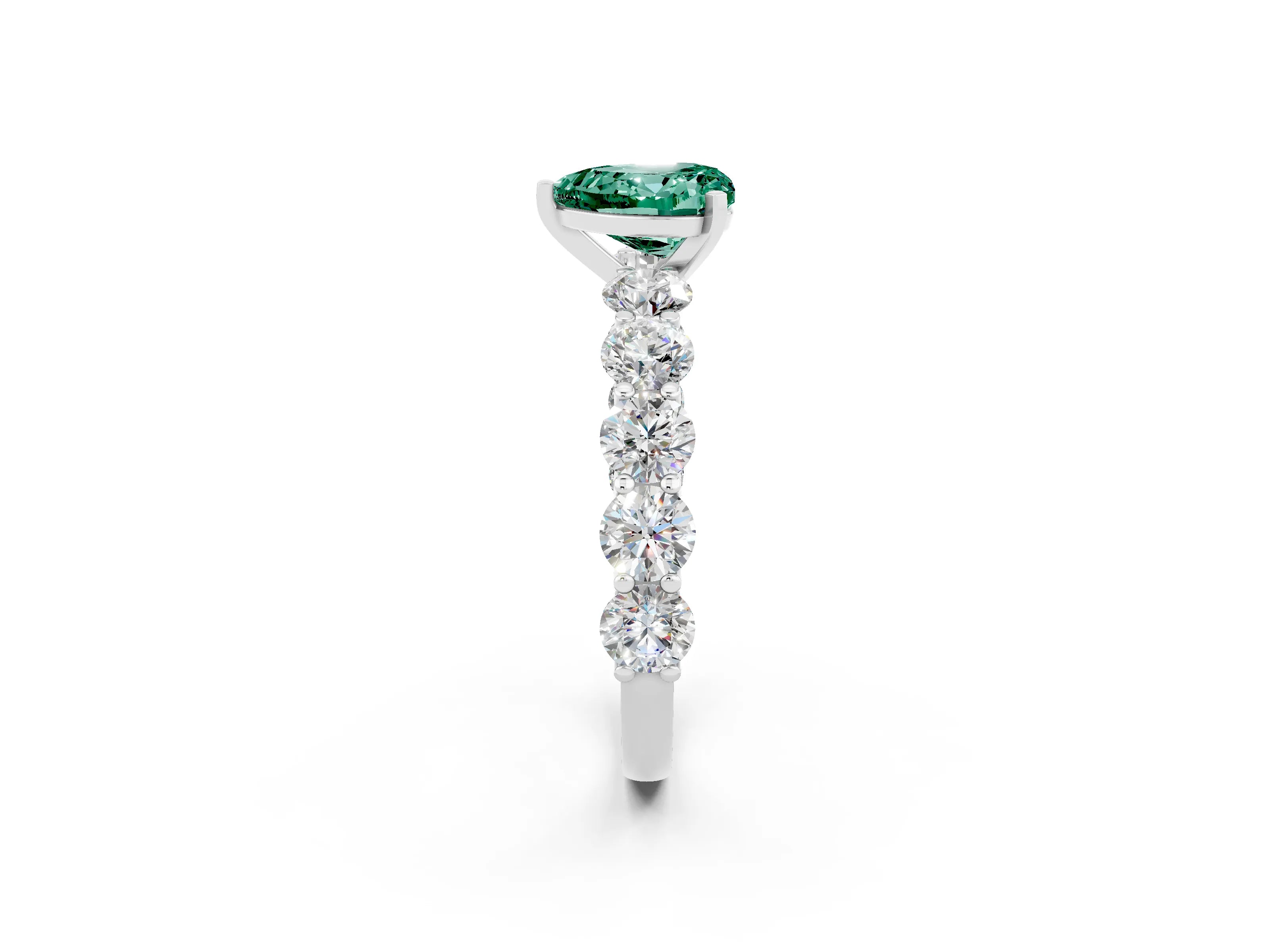 White gold Heart Cut Green Sapphire Prong Setting with Side Stones on a Pave Band_2