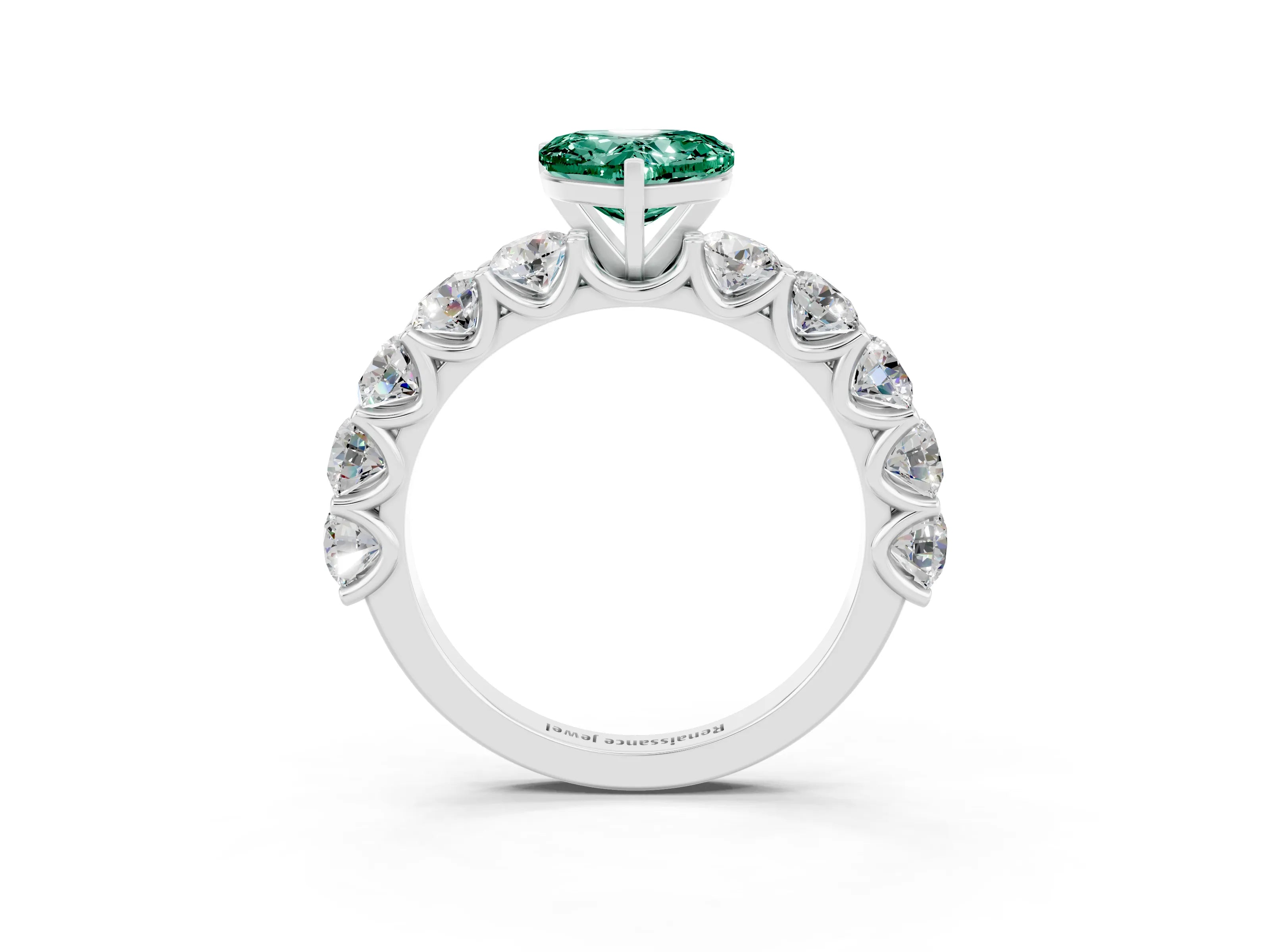 White gold Heart Cut Green Sapphire Prong Setting with Side Stones on a Pave Band_3