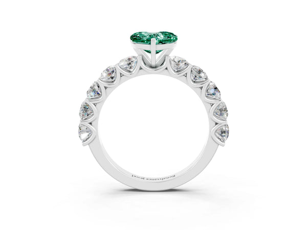 Platinum Heart Cut Green Sapphire Prong Setting with Side Stones on a Pave Band