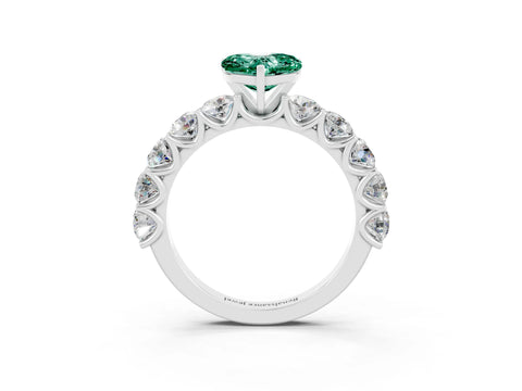 White gold Heart Cut Green Sapphire Prong Setting with Side Stones on a Pave Band_3