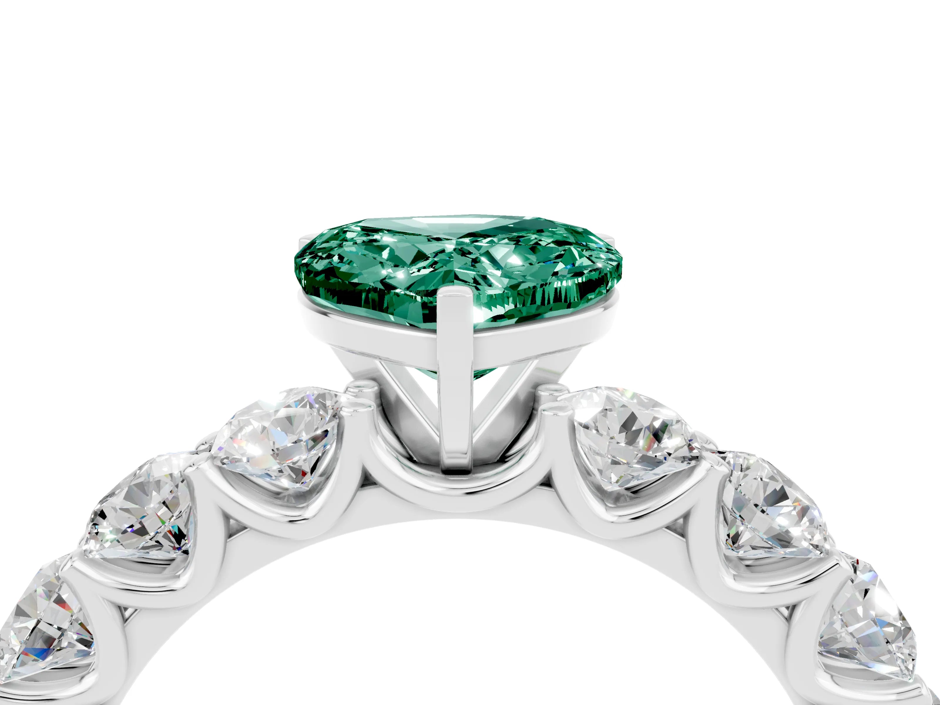 White gold Heart Cut Green Sapphire Prong Setting with Side Stones on a Pave Band_4