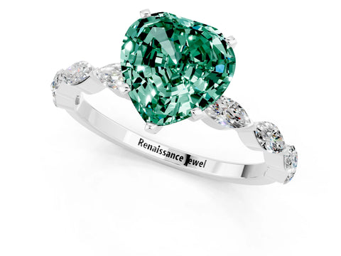 White gold Heart Cut Green Sapphire Ring with Marquise Side Stones and Prong Setting_1
