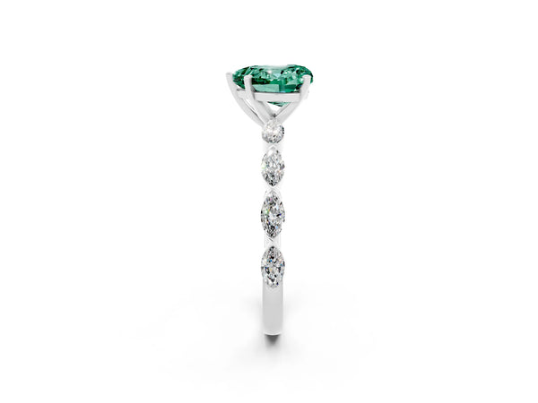 White gold Heart Cut Green Sapphire Ring with Marquise Side Stones and Prong Setting