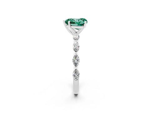 White gold Heart Cut Green Sapphire Ring with Marquise Side Stones and Prong Setting_2