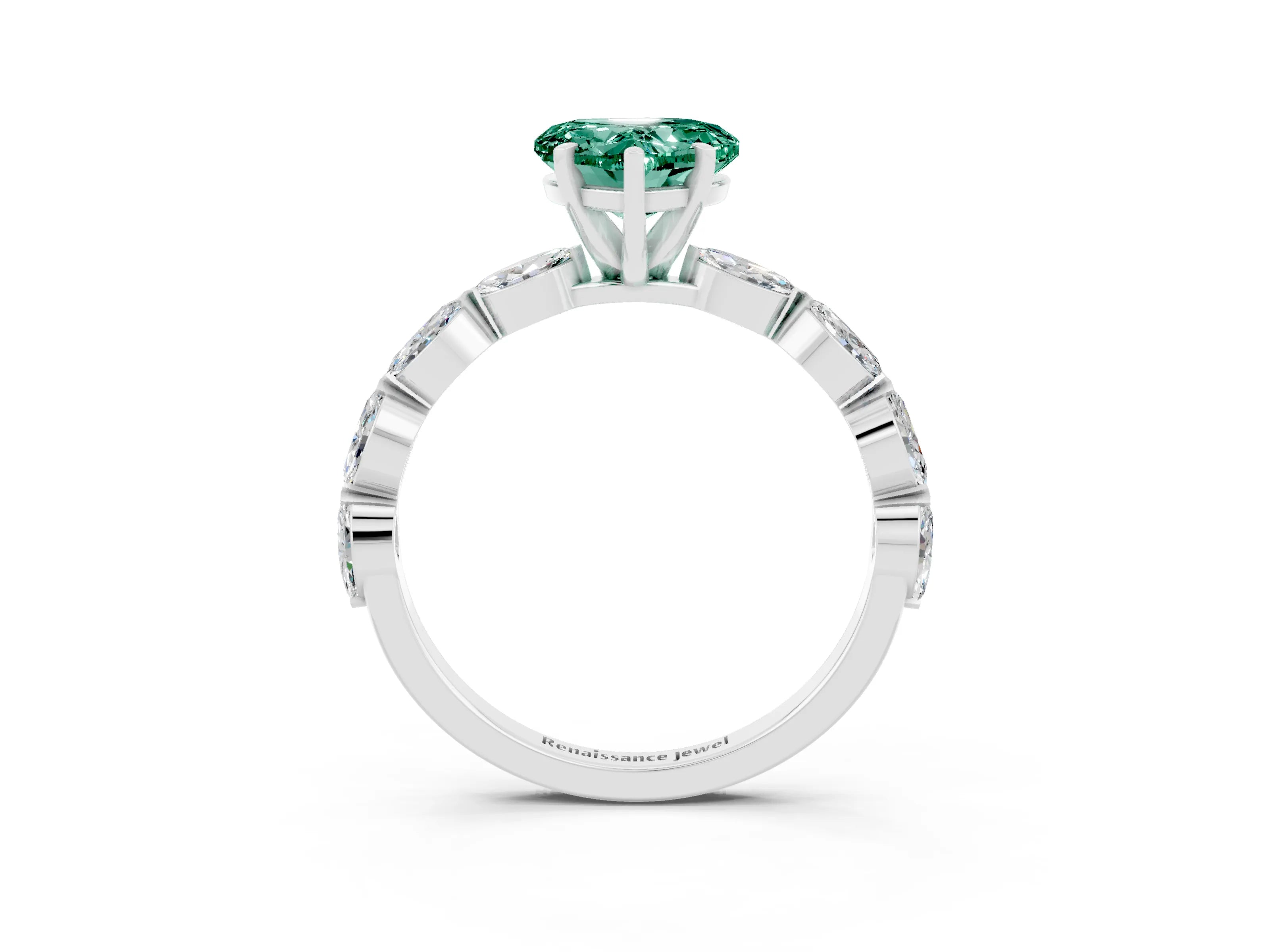 White gold Heart Cut Green Sapphire Ring with Marquise Side Stones and Prong Setting_3