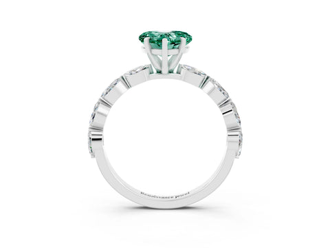 White gold Heart Cut Green Sapphire Ring with Marquise Side Stones and Prong Setting_3