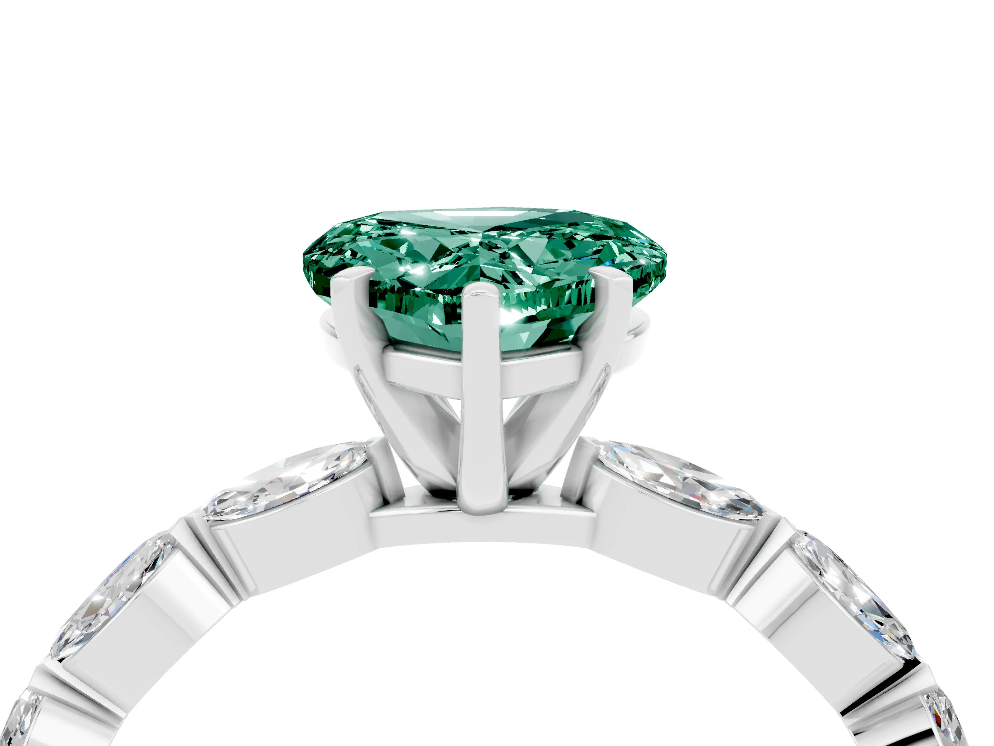 White gold Heart Cut Green Sapphire Ring with Marquise Side Stones and Prong Setting_4